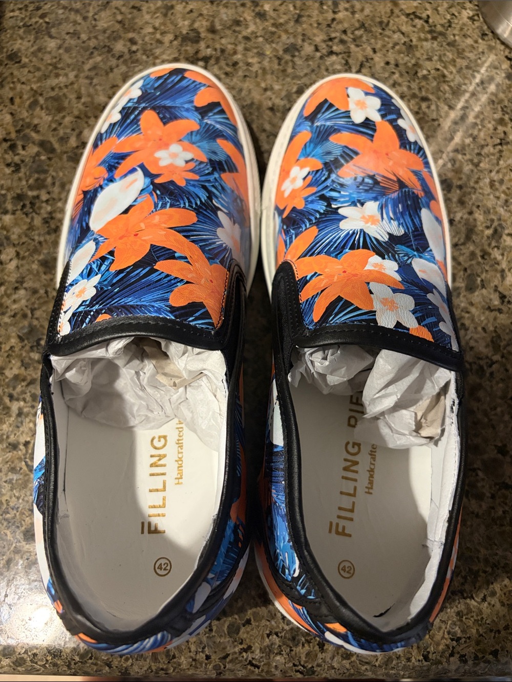 Filling Pieces Men’s Blue Floral Slip-On Sneakers with Orange Accents